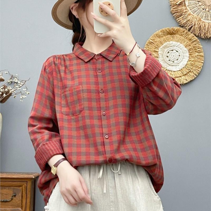Women Plaid Shirts Cotton Yarn Long Sleeve Blouses Casual Loose Lady Tops Female Clothes