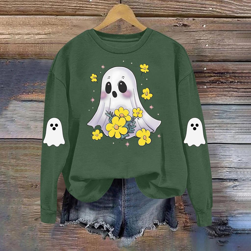 Women's Fashionable Casual Long-sleeved Halloween Printed Round-neck Top