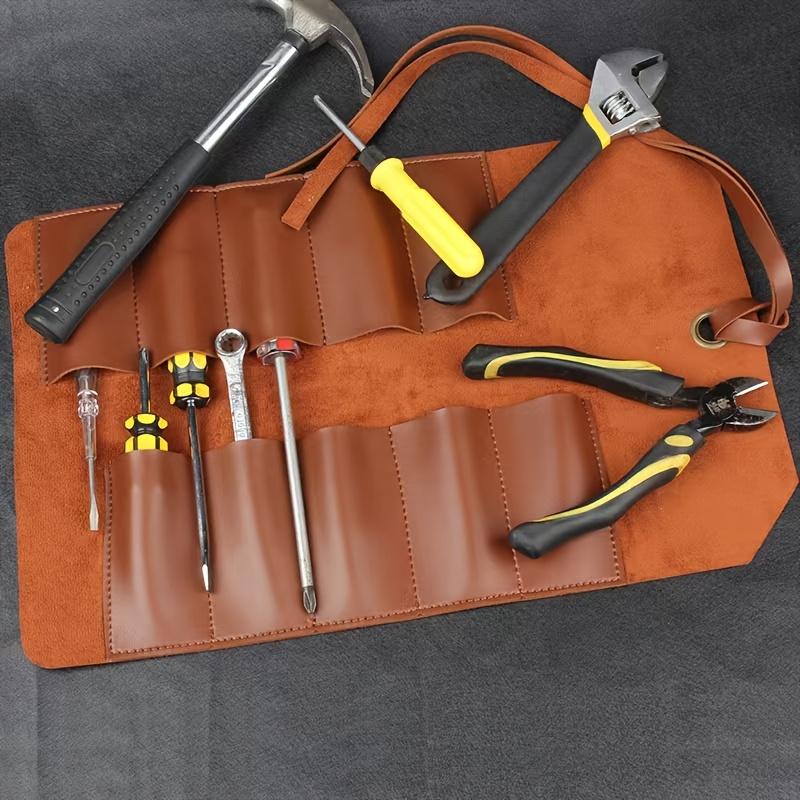 1pc Leather Tool Roll Bag Drawstring Closure, Portable Wrench and Chisel Organizer, Handy Tool Storage Pouch