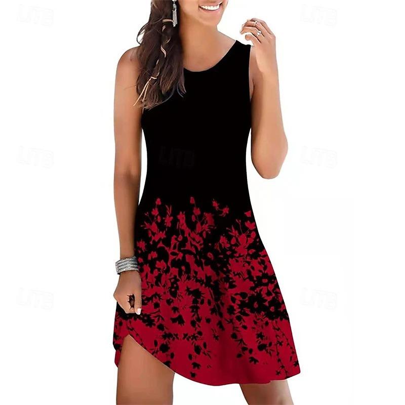 Large Size Women's Dress Fashion 3D Flower Print Vest Casual  Sleeveless Elastic Round Neck Summer Dresses