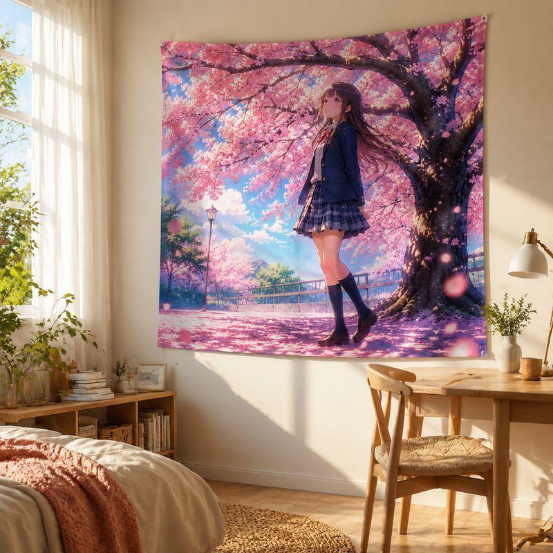 Cherry Blossom School Girl Anime Tapestry Sunset Floral Wall Hanging Soft Aesthetic Girls Bedroom Dorm Decor