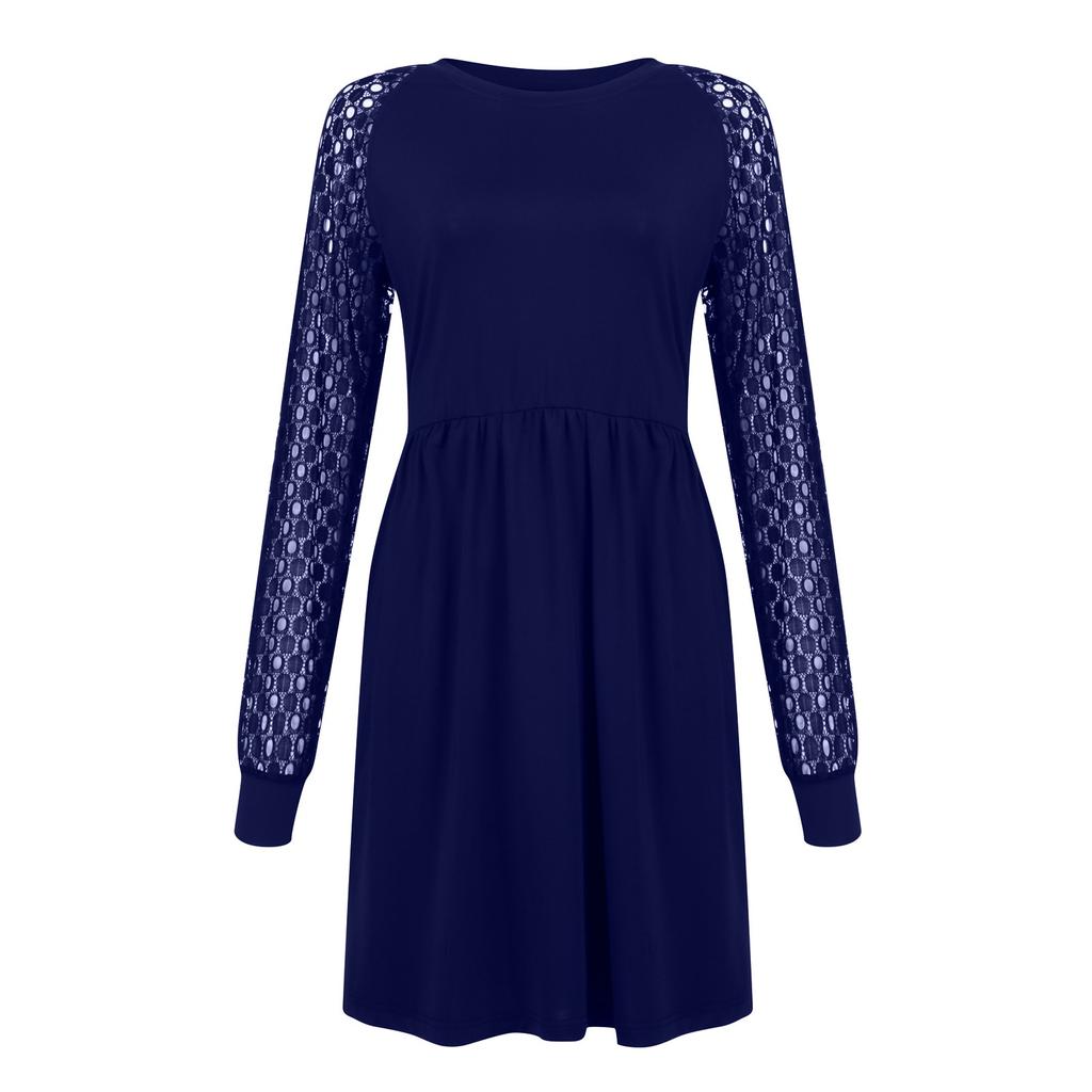 Dámské módní ležérní šaty s dlouhým rukávem, sexy kulatým výstřihem a krajkovým prošíváním