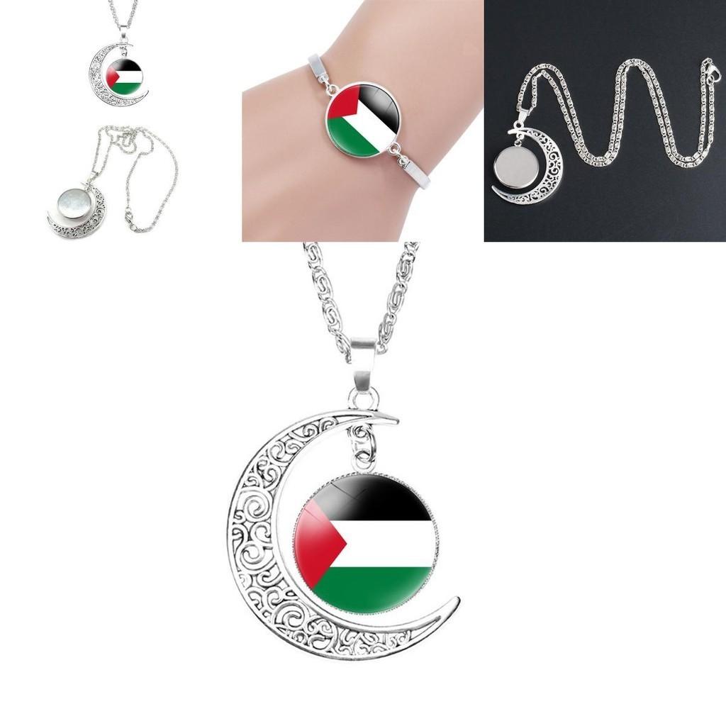 Palestinian Flag Design Time Gem Moon Pendant Necklace Unique Neck Chain