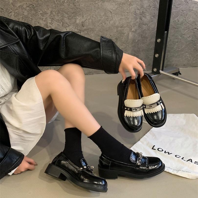 British style rivet platform small leather shoes women's fringed small gold buckle lazy loafers thick heel single shoes