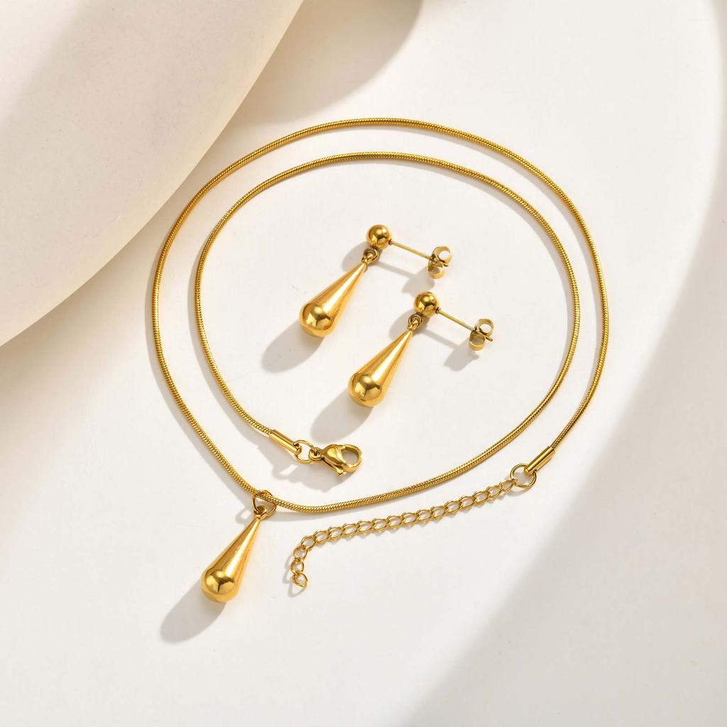 High Polished Waterdrop Pendant Earrings Necklace Set Stainless Steel 18K Gold Plated Waterproof Luxury Jewelry for Women Gift