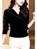 Elegant Cross V-Neck Lace Beaded Black Velvet Top
