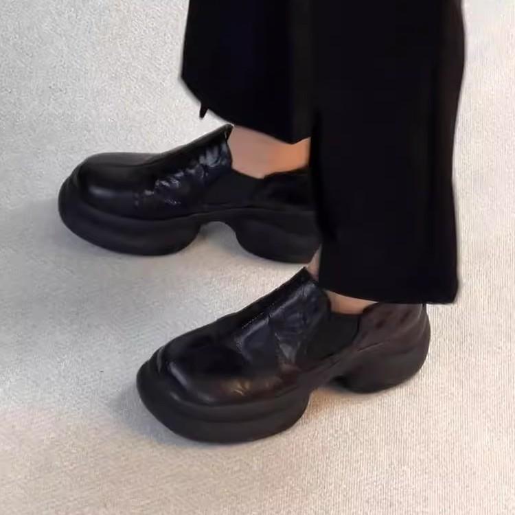 Sheepskin version~ retro thick-soled muffin-soled loafers for women's British style deep mouth and round head small leather shoes