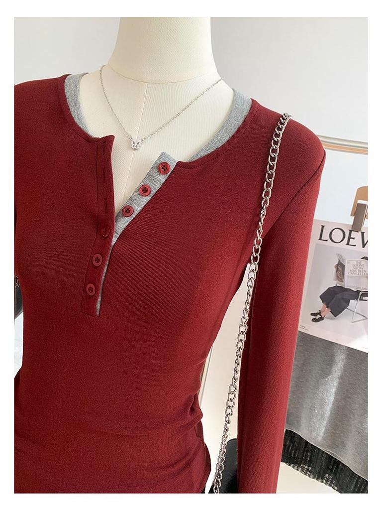 Stylish Contrast Color Faux Two-Piece Long-Sleeve Top for Women