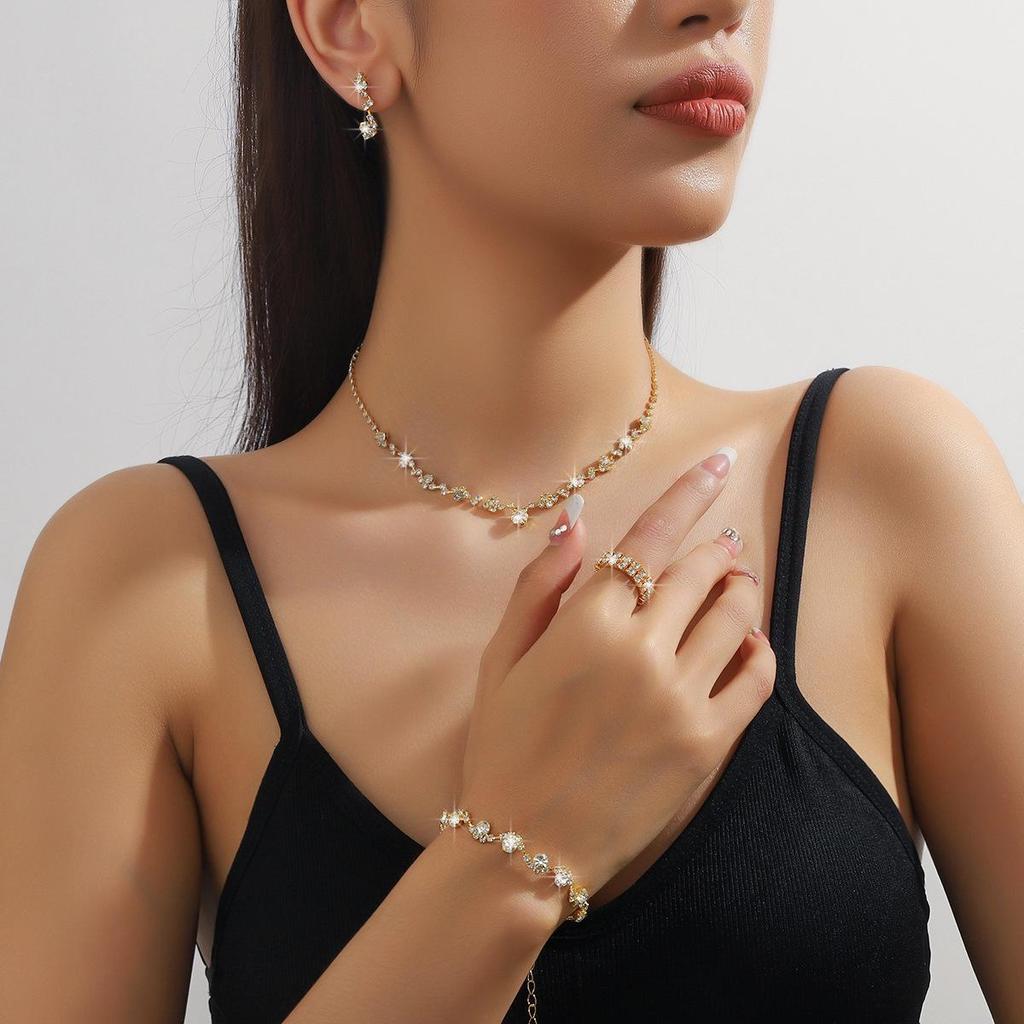 High-End Women's Jewelry Set: Bridal Necklace, Earrings, Bracelet & Ring