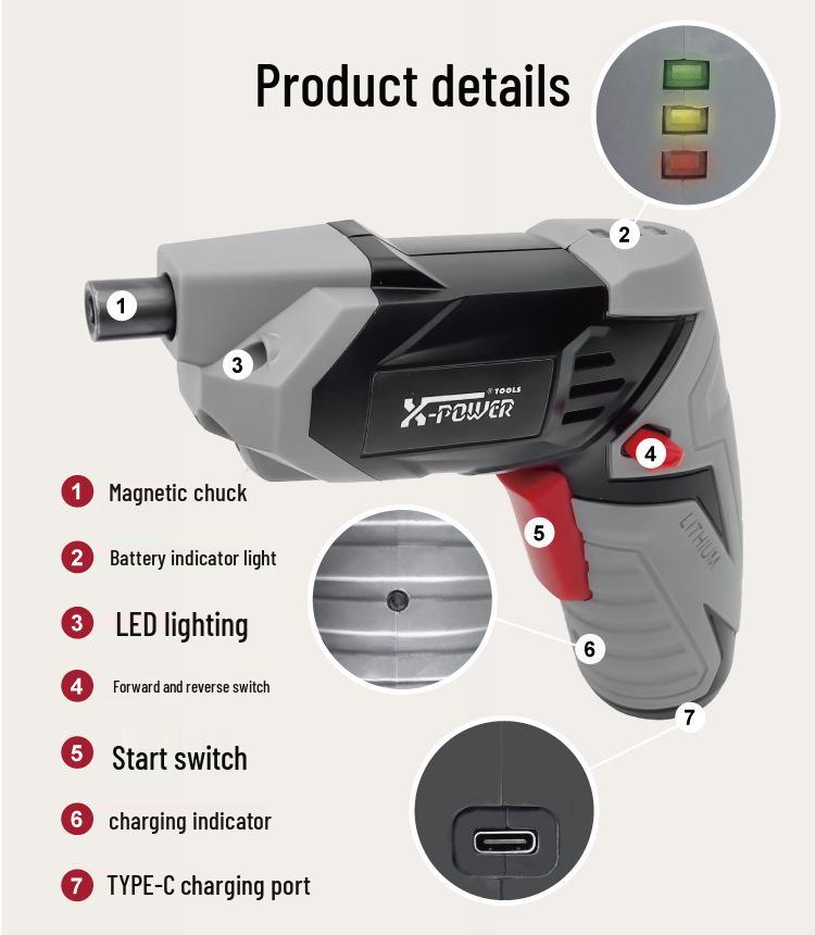 XPOWER Rechargeable Forward/Reverse Electric Drill & Screwdriver for Household Repair