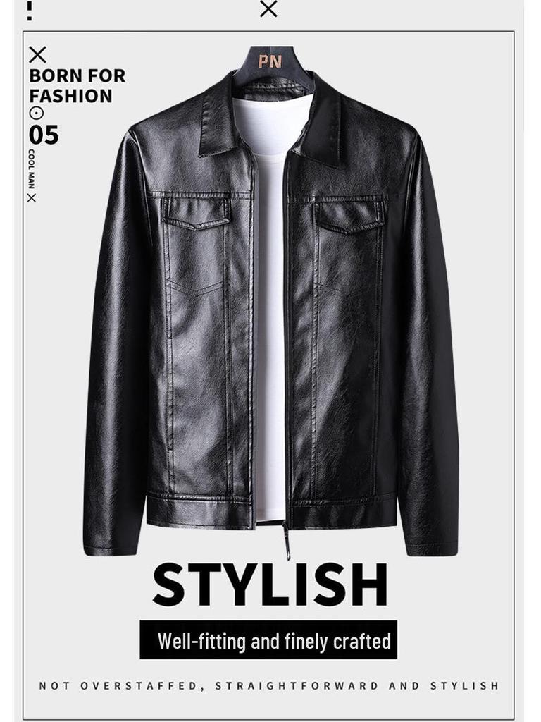 Men's 2023 Leather Motorcycle Jacket - Windproof, Warm, Trendy Outerwear with Lapel for Autumn/Winter