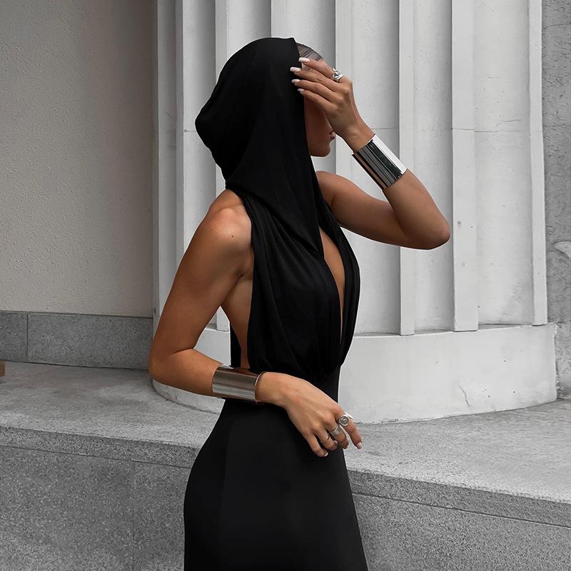 Summer New Women's Fashion Sexy V-neck Backless Design Hooded Slim Dress