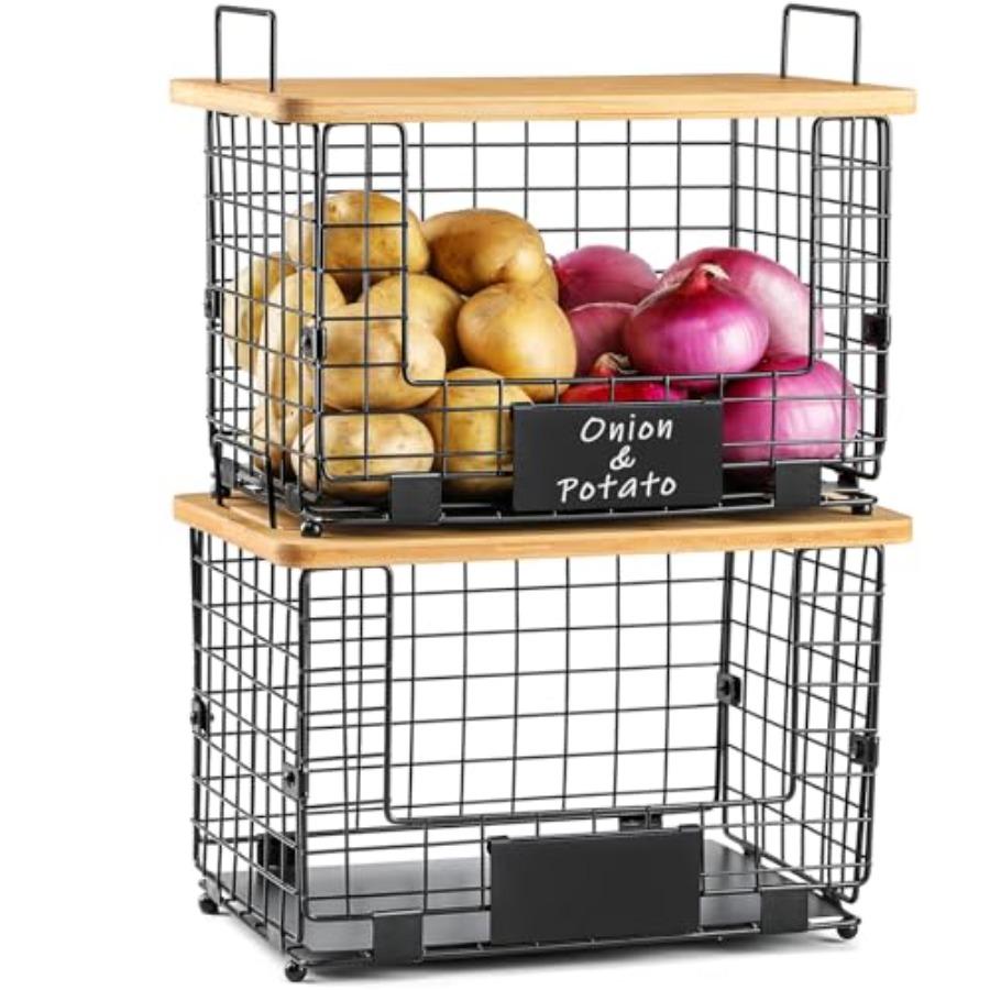 

2 Set XL Stackable Wire Basket with Bamboo Tops Tags- Pantry Organizer and Storage Bins Kitchen Counter Cabinet Shelf Counterto United States
