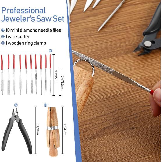 Jewelers Tools Set Including Jeweler Saw Frame Bench Pin Clamp Diamond Needle File Wooden Ring Clamp and Ring Sizer Mandrel Measuring Tool Jeweler's