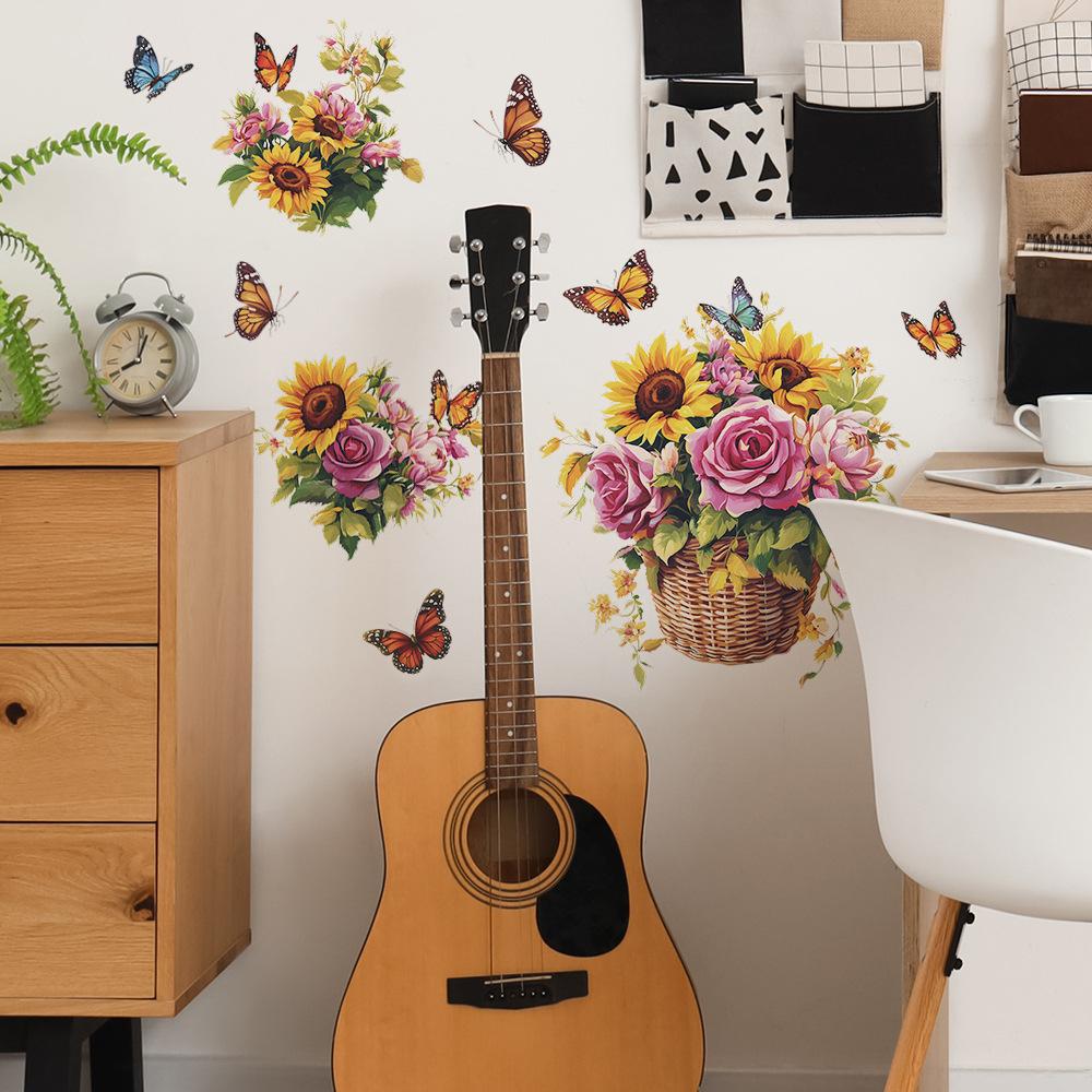 Hand Painted Sunflower Basket and Butterfly Wall Sticker for Bedroom Living Room Background Self-Adhesive Removable Home Decor