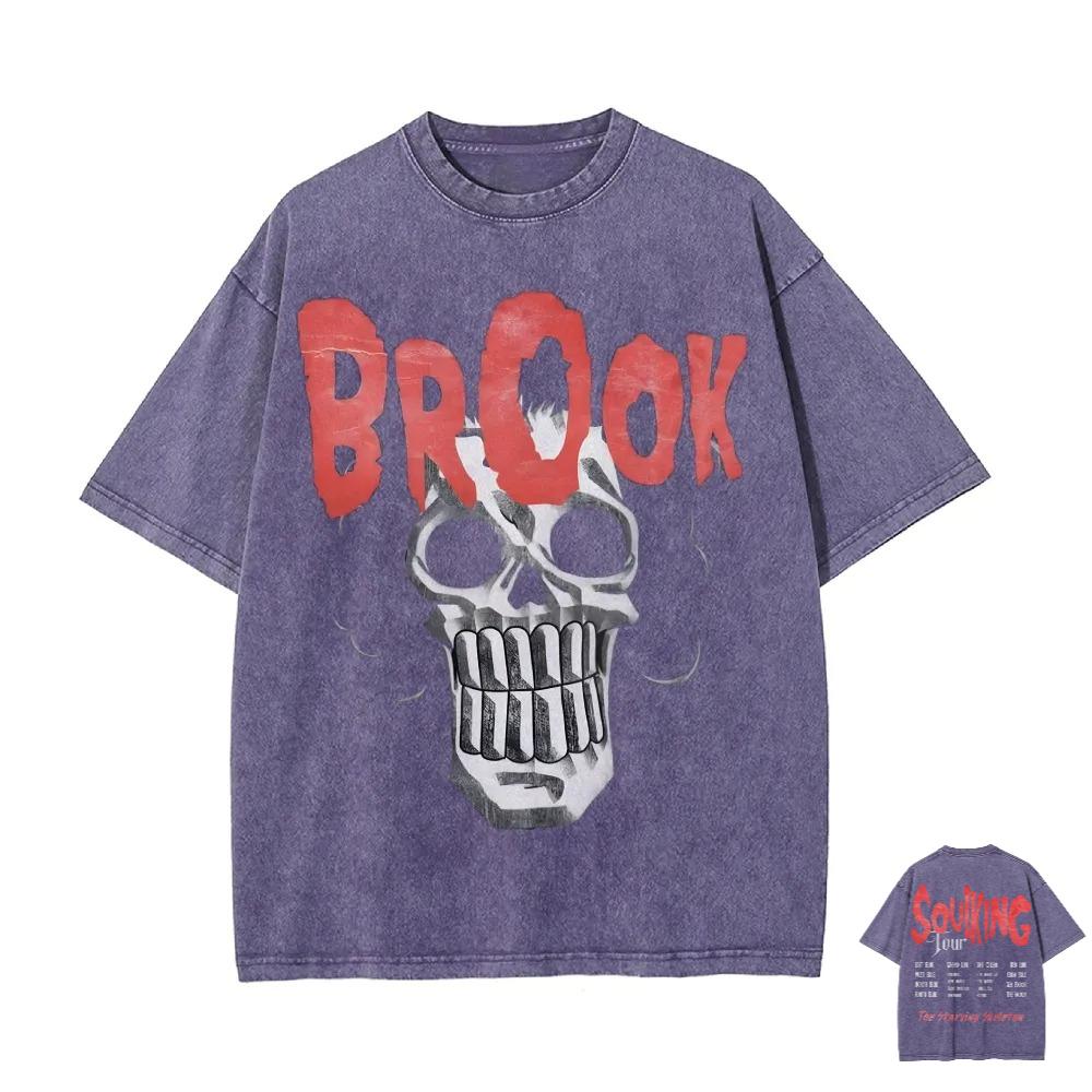 

ONE PIECE Brooke Skull Vintage Washed TShirt King of Souls Old Loose Diablo Anime Street Short Sleeve Mens and Womens Top L
