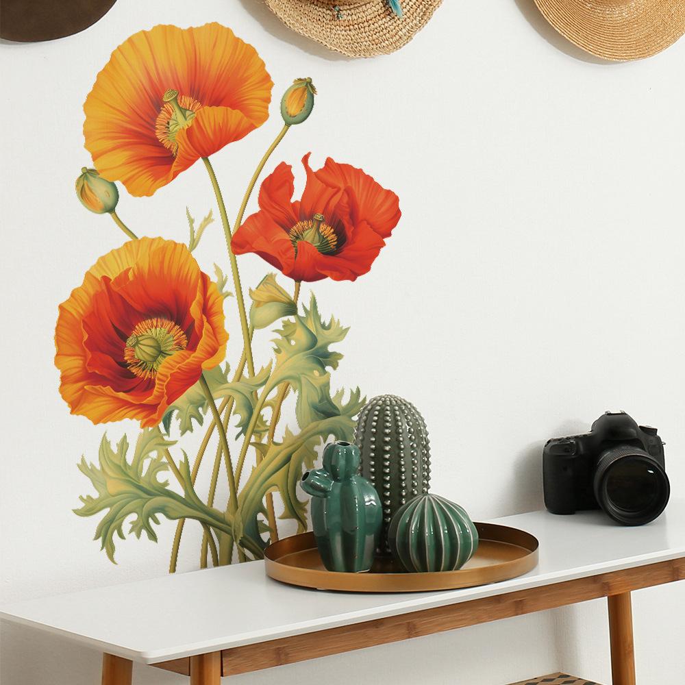 Hand-Painted Poppy Flower Wall Sticker Self-Adhesive for Study Bedroom Living Room Home Decoration