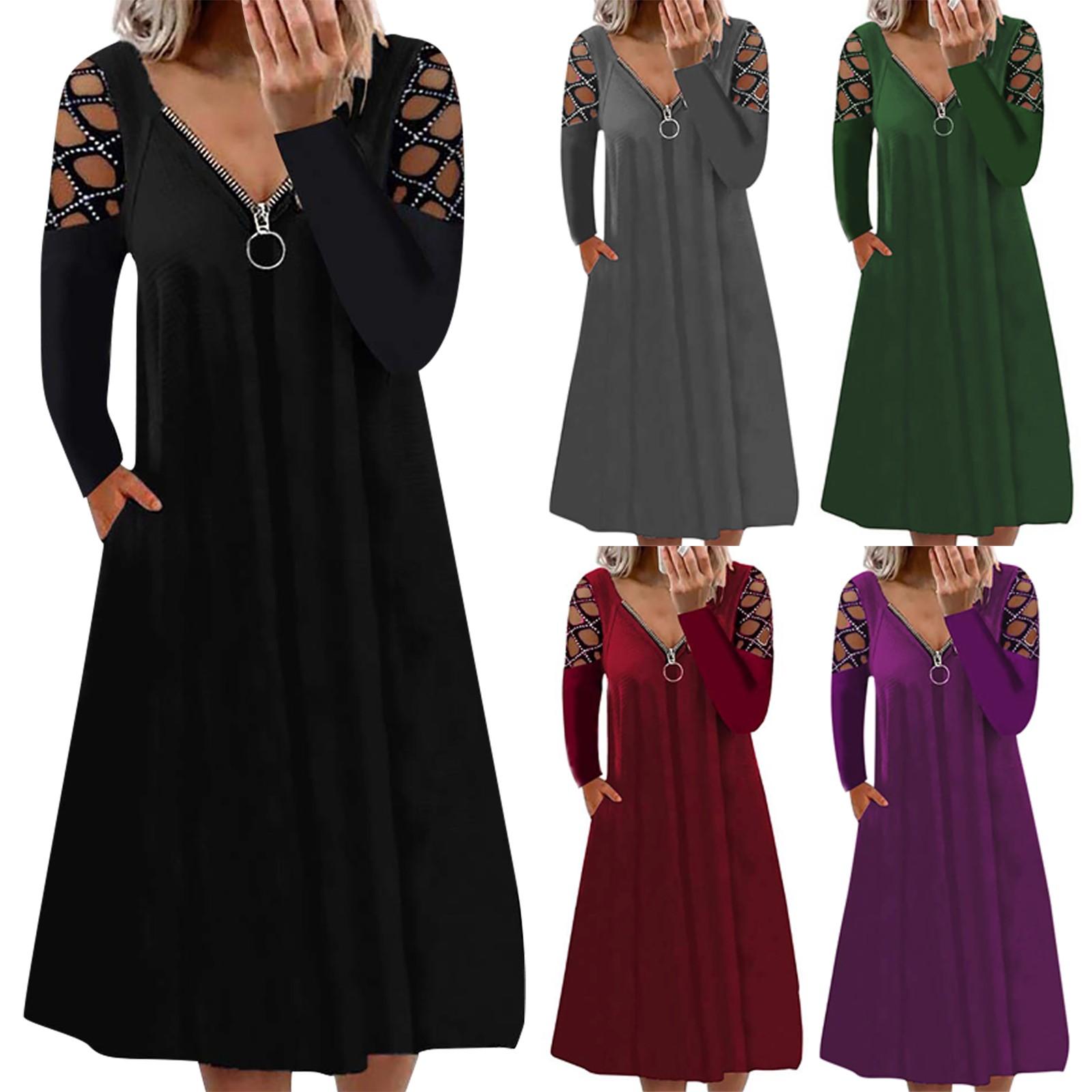 

Women s V-neck Solid Color Hollow Long Sleeve Rhinestone Casual Dress