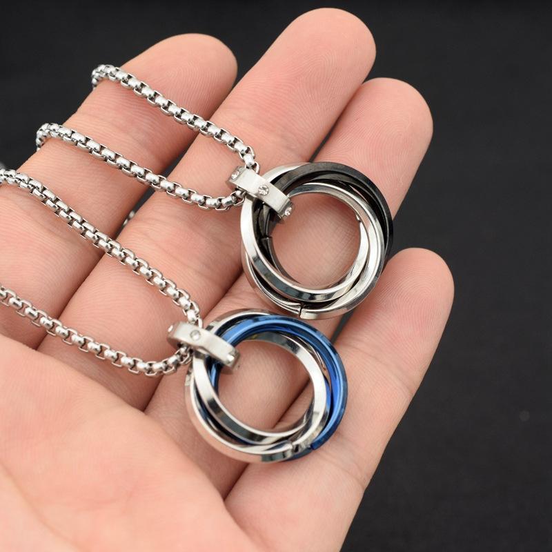 Long Chain Around The Neck Crystal Black Blue Ring Buckle Charm Pendant Necklace Stainless Steel Necklaces For Women Men Jewelry