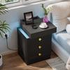 Bedside table, three drawers, with charging station, 2 AC power outlets/2 USB ports, European standard plug, black.