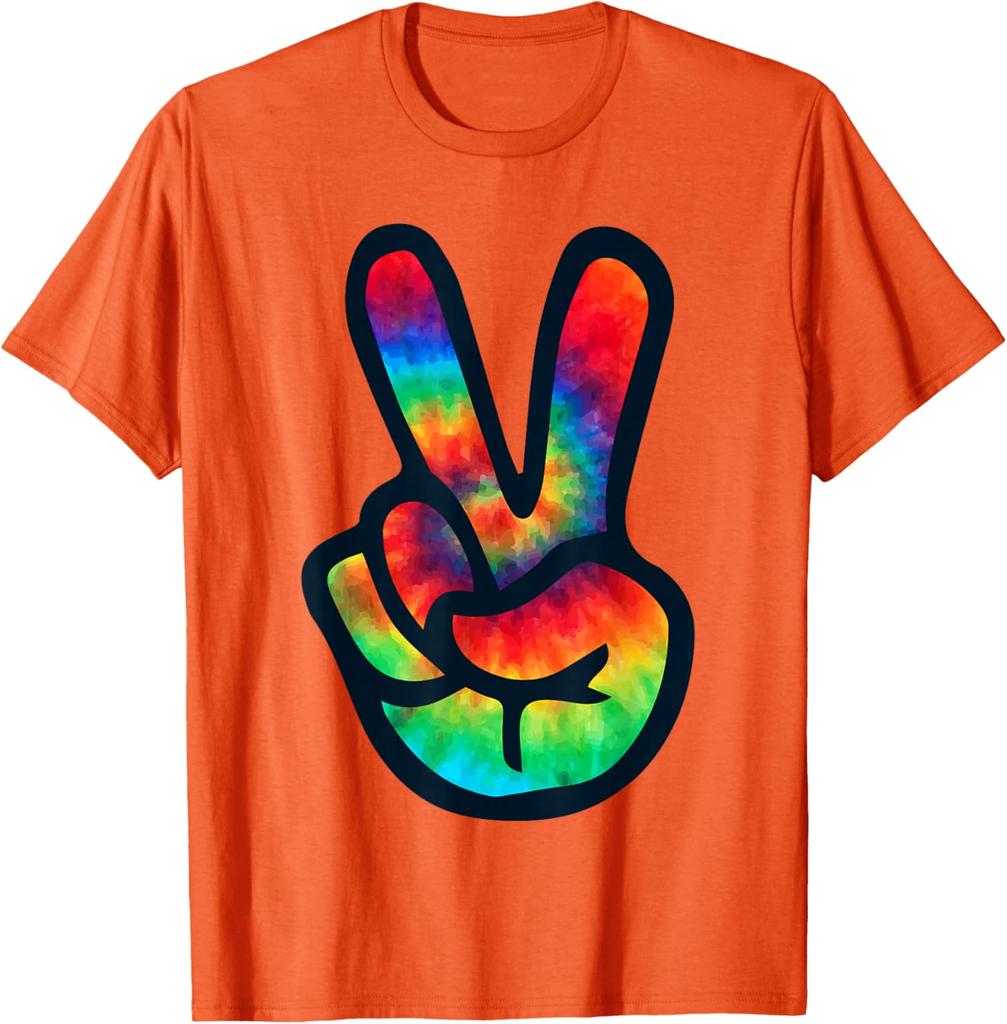 Tie Dye Peace Sign Hippie V Hand Graphic Short Sleeve Cotton Crew Neck TShirt