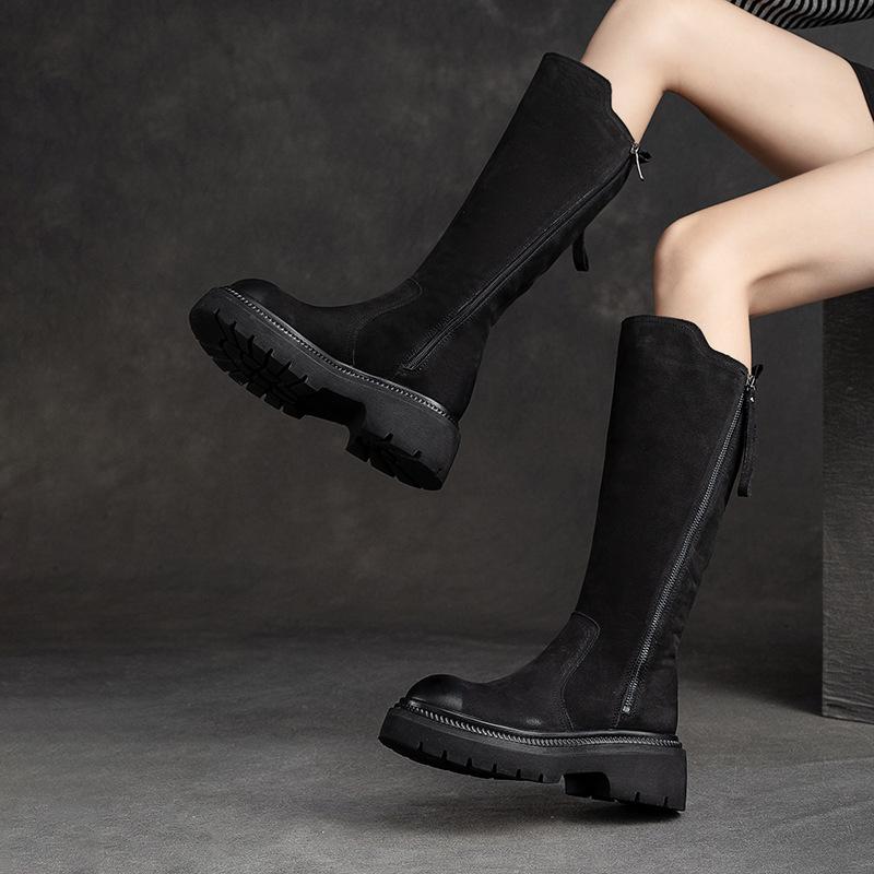 Fashion GKTINOO Retro Long Boots 2025 Winter New Genuine Leather Fashion Side Zipper Knight Boots Thick Soled Booties Women's Shoes