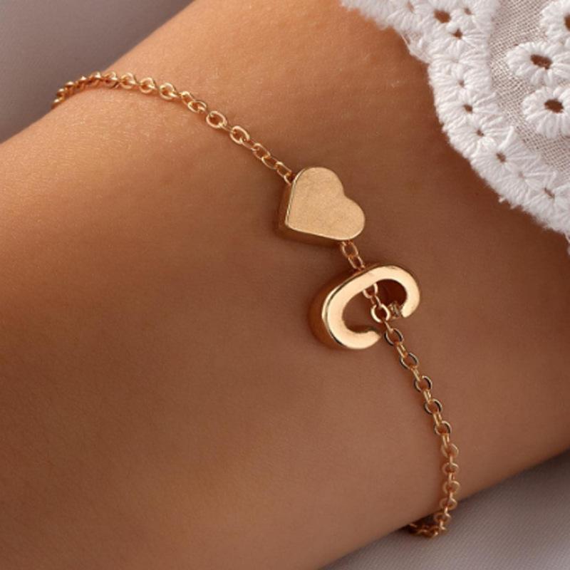 Gold Plated Initial & Heart Charm Bracelet, Customizable Letter Chain Bracelet for Women