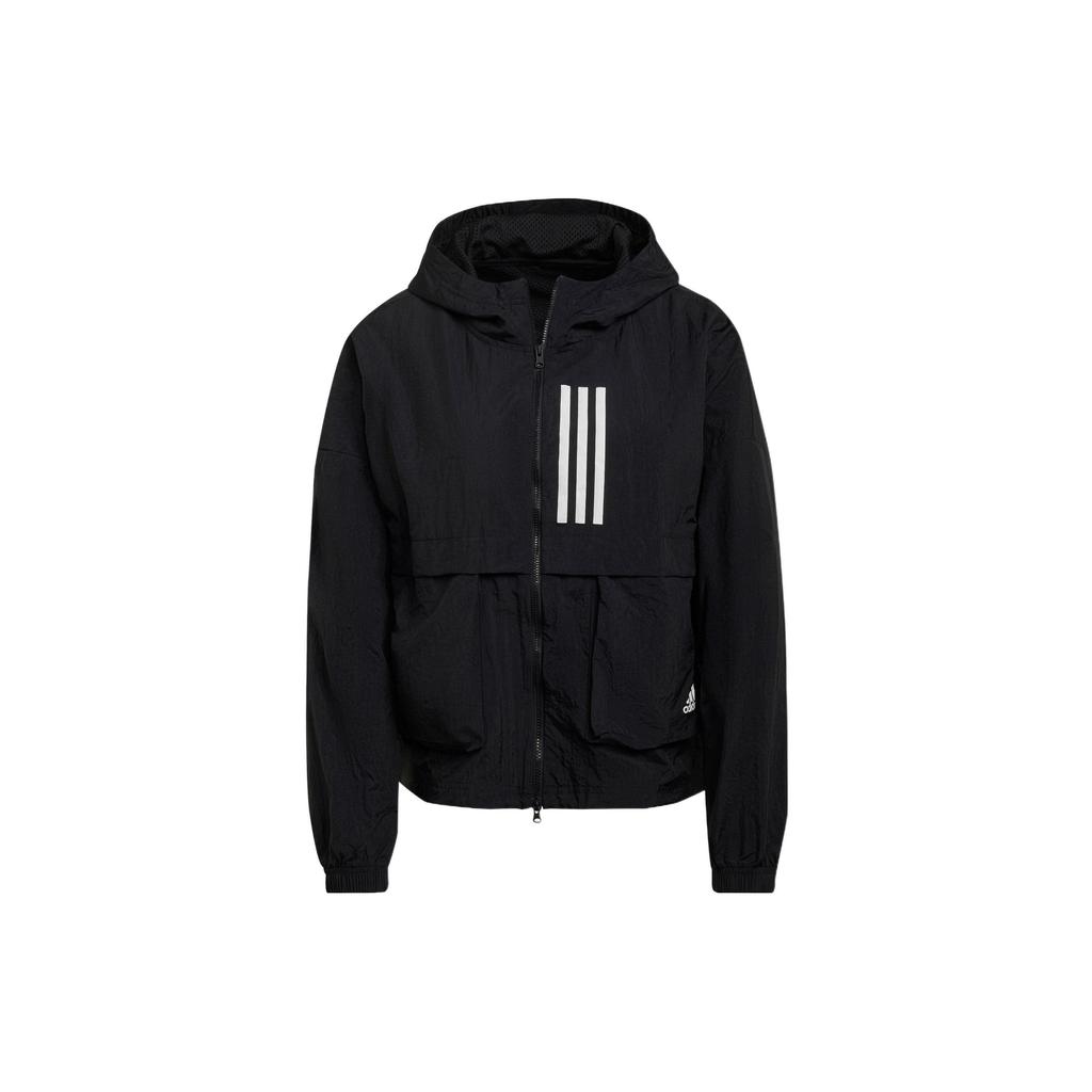 Adidas Color Block Striped Logo Print Hooded Jacket Women Jackets Black GT9754