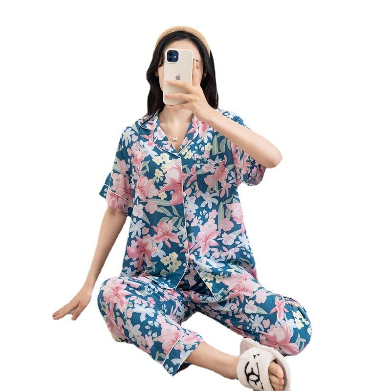 Cotton and silk pajamas women's spring and summer short-sleeved large-size suit spring and autumn thin cartoon printed loungewear