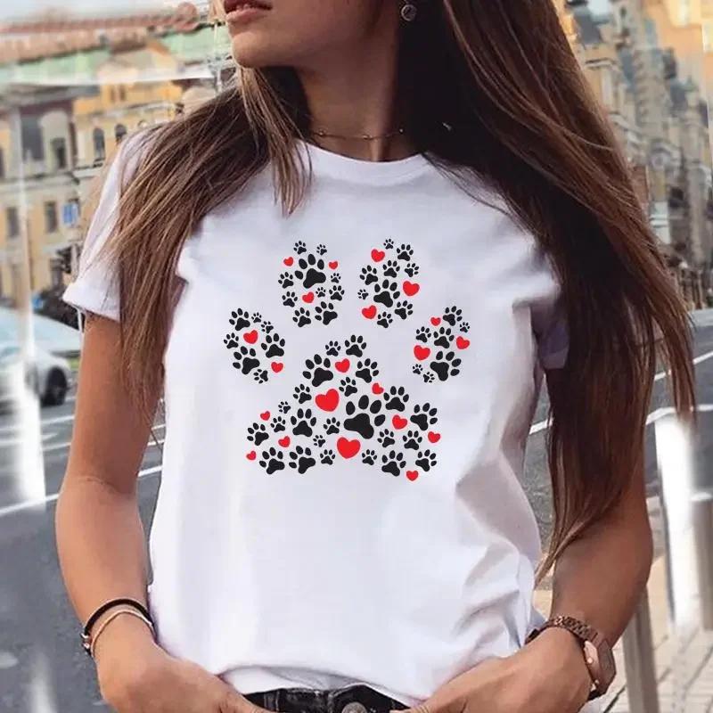 Women T-shirts Love Trend Style Dog Paw Cartoon Animal Pet 90s Summer Graphic Print Female Stylish T Top