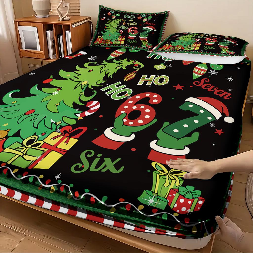 3Pcs Green Christmas Tree 67 Element Printed Coreless Bedsheet Set, Multi Size Bed Cover, Bedroom Bedding, Holiday Decorations