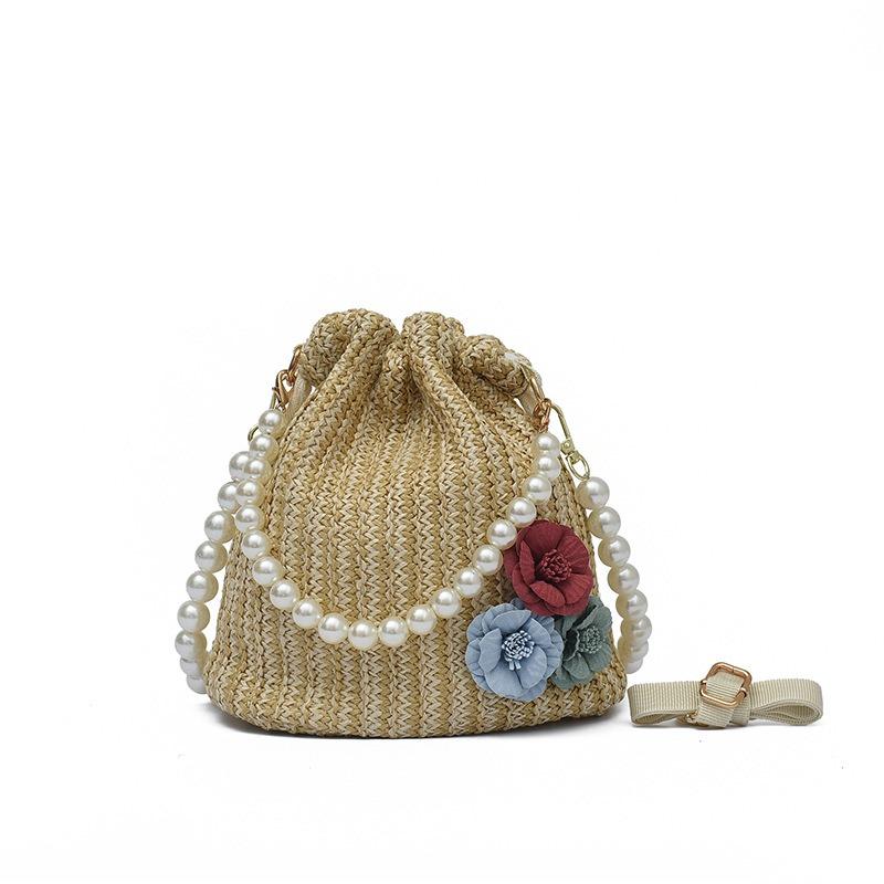 Little Fresh Flower Woven Bag Pearl Chain Tote Holiday Wind Beach Crossbody Bucket Bag