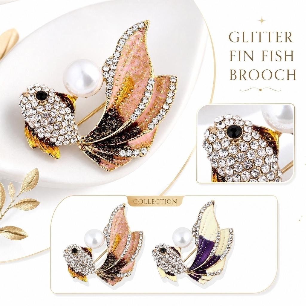 Gold Tone Alloy Fish Brooch Pin with Rhinestones and Pearl Accent for Women Suitable for Blazers Cardigans and Outerwear Accessories