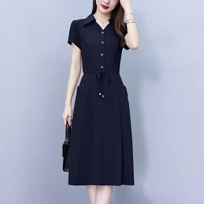 Women's Navy Blue Shirt Dress Short Sleeve Lapel Drawstring Waist Midi Dress with Pockets