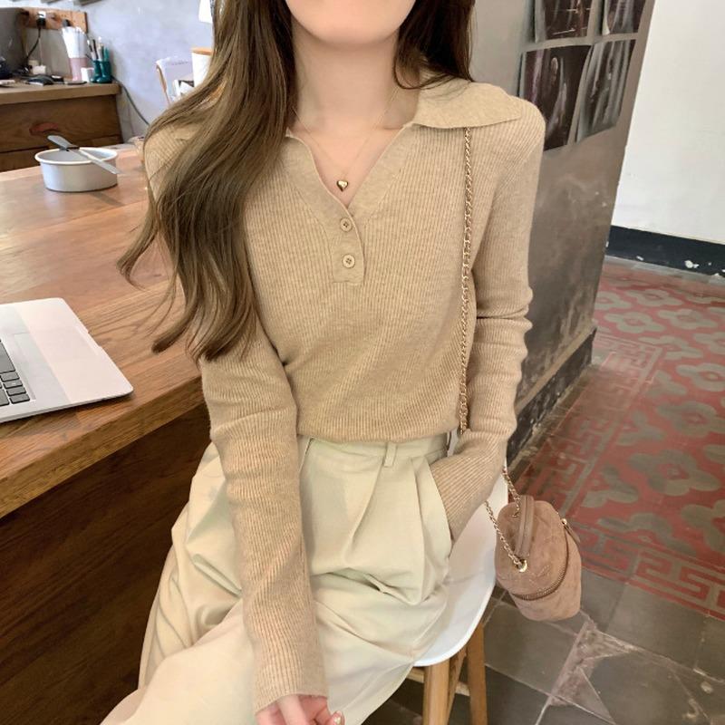 Casual Women Pullover Knit Sweater Lapel Long Sleeve Slim Fit Top Autumn Winter Solid Color Simple Sweaters Elegant Basic Clothing