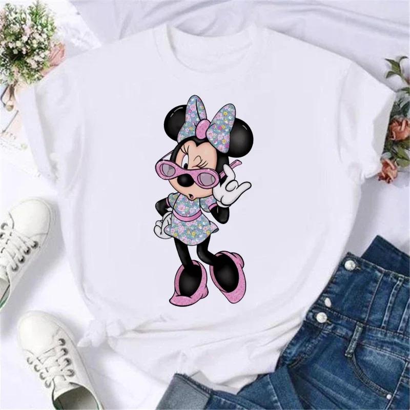 Kawaii Disney Cartoon Minnie Printed T Shirt Women Fashion Mickey Mouse White Oversized T Shirt Female Clothes Ladies T-shirts