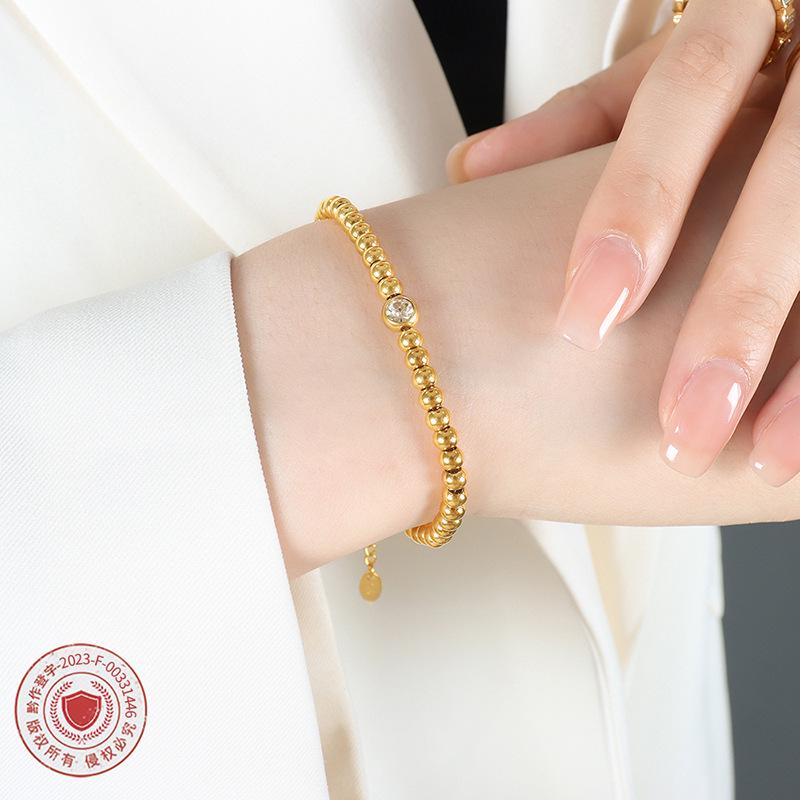 18K Gold Titanium Steel Beaded Zircon Necklace & Bracelet Set for Women