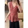 Pleated Checkered Sleeveless V-Neck Doll Shirt for Women - Petite Korean Style.