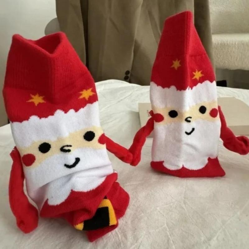 2026 New Women Winter Christmas Hand in Hand Socks Mid Tube Pure Cotton Magnetic 3D Creative Personalized Couple Socks