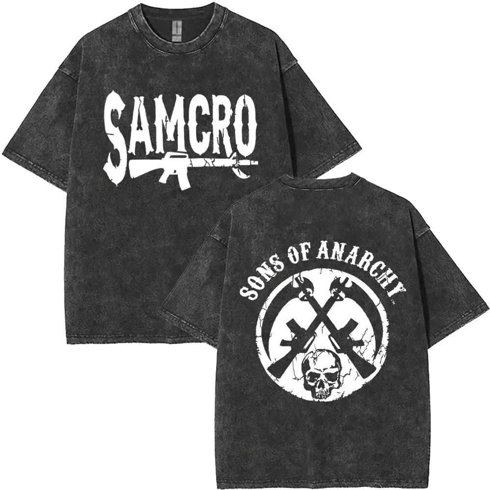 Hot Limited Anarchy Son Samcro Graphic Print Vintage Washed T-shirt Men Women Streetwear Skeleton Hip Hop Rock Casual Short Sleeve Loose Oversized Top