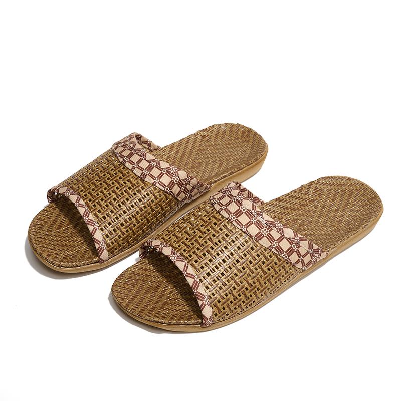 Woven Rattan Slippers With Soft Linen Lining, Casual Open Toe Slip On Shoes, Comfortable Indoor Home Slides