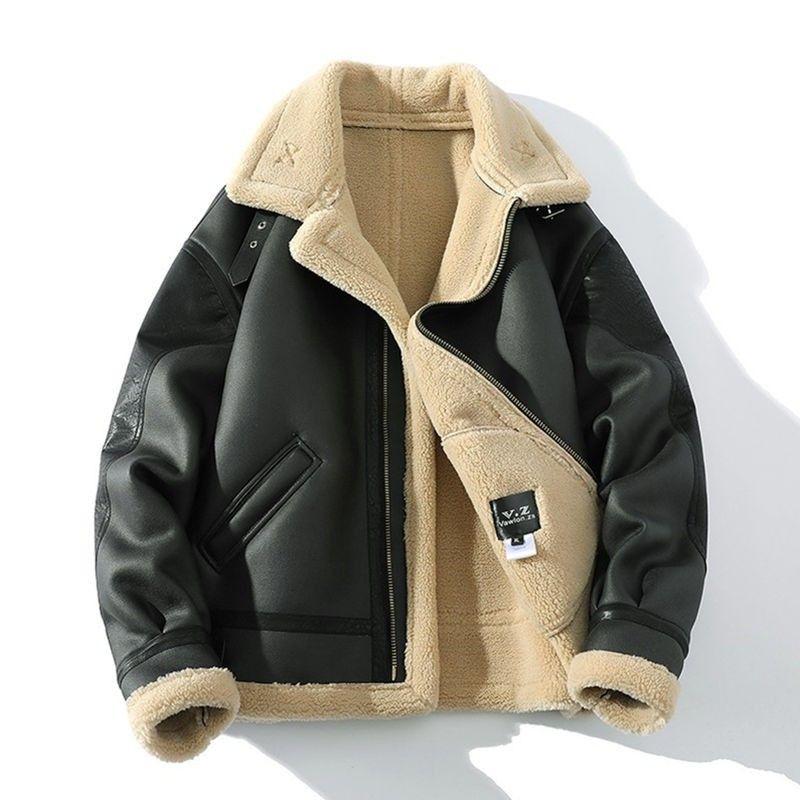 

Мужская шуба с толстой зимней свободной курткой и верхом из овечьего меха XL