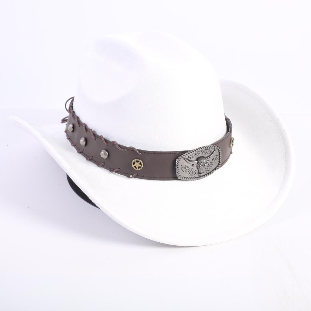 New western cowboy hat men's and women's wide-brimmed top hat bull head rivet belt buckle sun hat