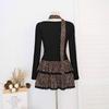 Women's Leopard Print Two-Piece Set: Top with High-Waisted Flare Mini Skirt for Autumn/Winter