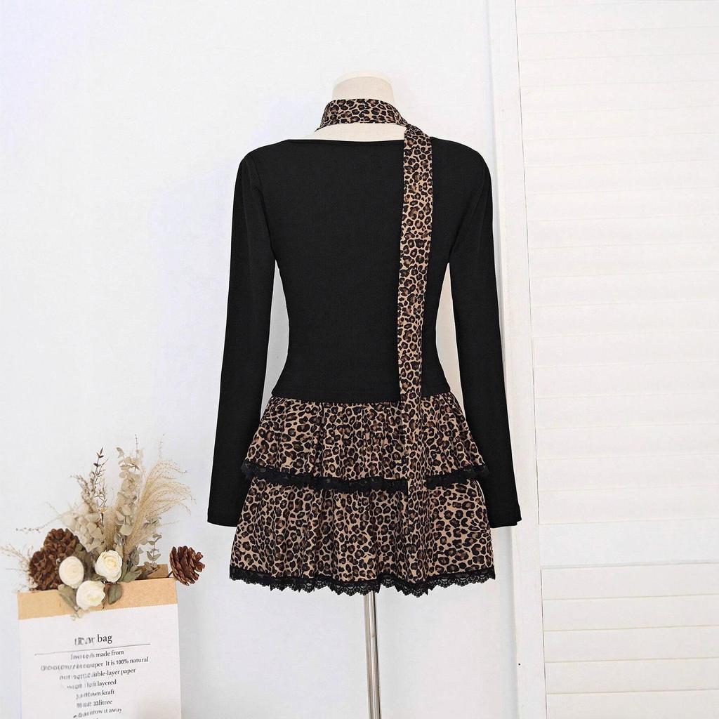 Women's Leopard Print Two-Piece Set: Top with High-Waisted Flare Mini Skirt for Autumn/Winter