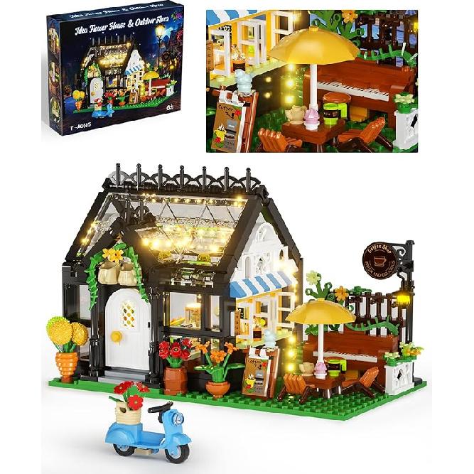 Flower House with LED Light Building Set, Flowerhouse Fountain Countyard Buiding Set with Flowers Potted & Cat Playset, Greenhouse Model Xmas for