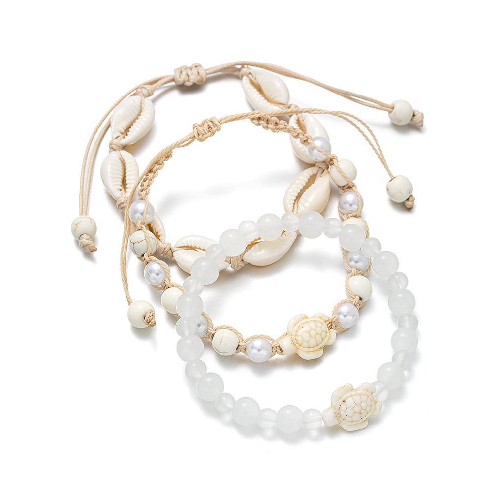 Bohemian Style Shell & Turtle Anklet Set for Women, 3-Piece Stackable Pearl Beaded Anklets