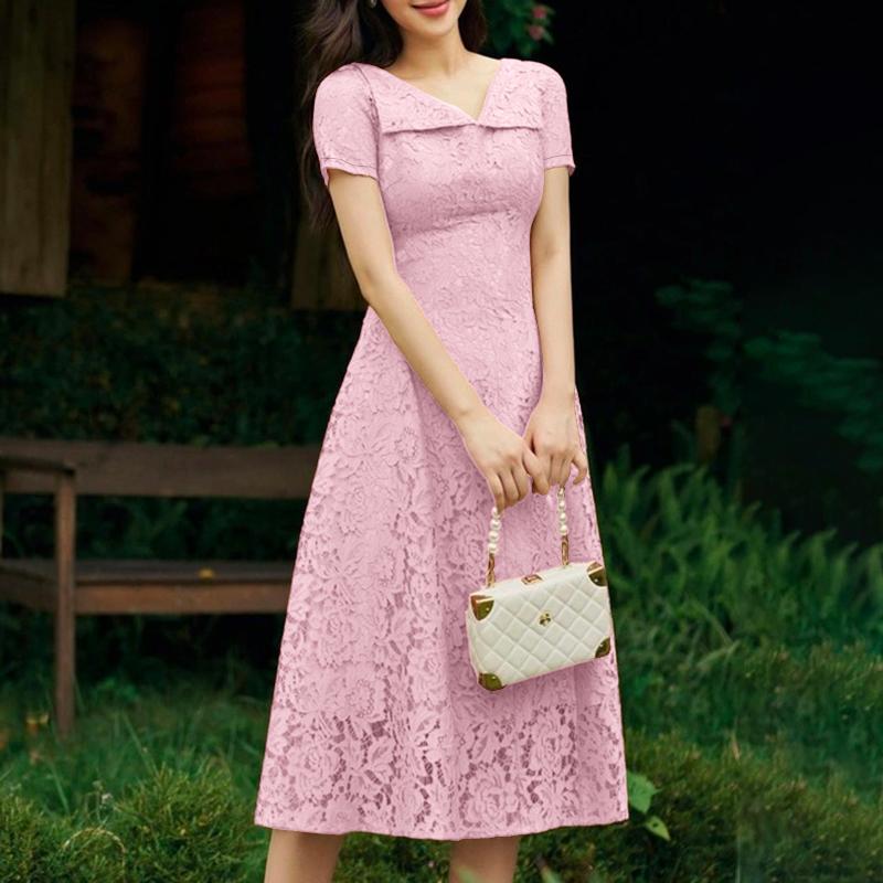 ZANZEA Women Casual V-Neck Short Sleeve Hollow Lace Patchwork Elegant Dress