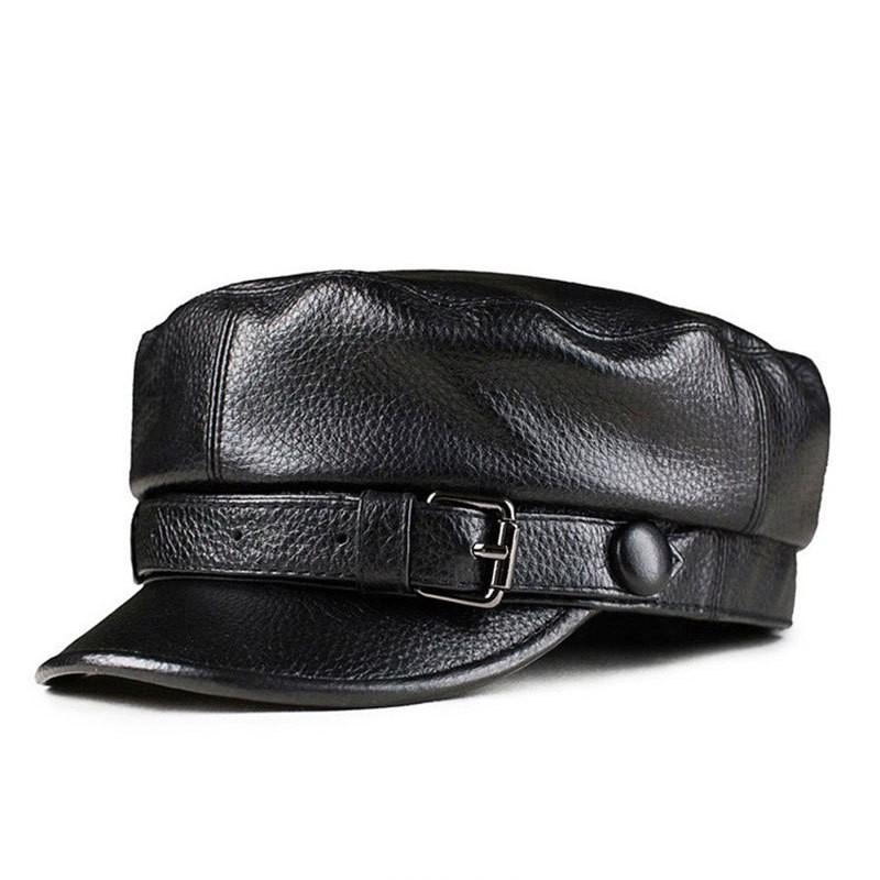 Unisex Flat Top Leather Cap Retro Black Cowboy Beret Short Brim Winter Warm Sun Protection