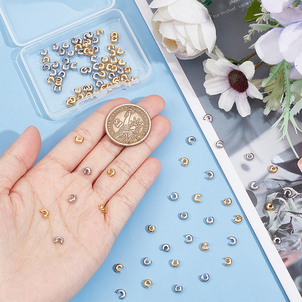100Pcs 2 Colors 304 Stainless Steel Crimp Beads Covers, Golden & Stainless Steel Color, 4.5mm, Hole: 2mm, 50pcs/color